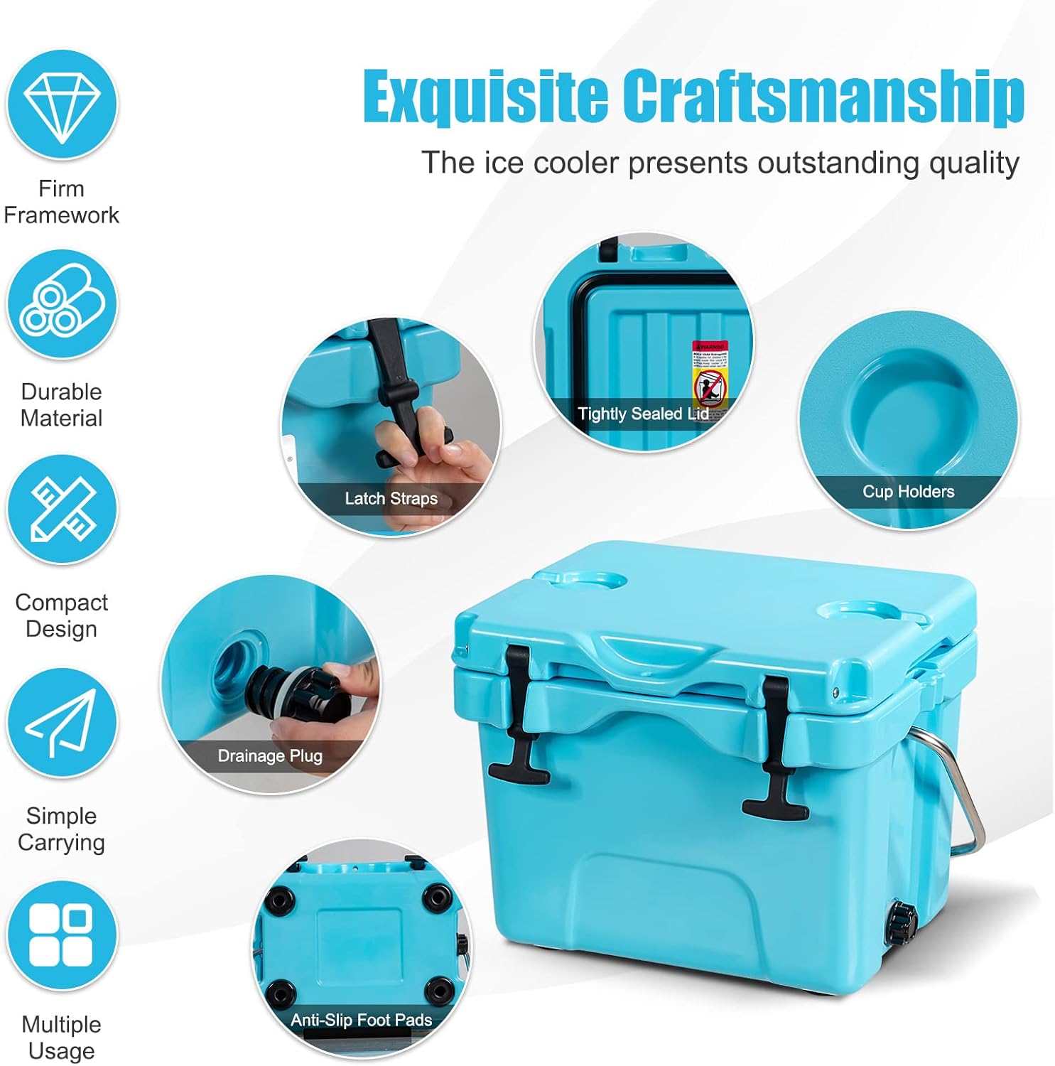 COSTWAY 16 Quart Cooler, 24 Can Insulated Ice Chest Box with Heavy Duty Handle and 2 Cup Holders, 3-5 Days Ice Retention, Portable Leakproof Hard Cooler for Camping, Fishing, Picnic, Outdoor