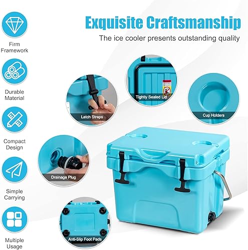 Miniatura 6 de COSTWAY Enfriador de 16 cuartos de galón, caja de hielo aislada para 24 latas con mango resistente y 2 portavasos, retención de hielo de 3 a 5 días,