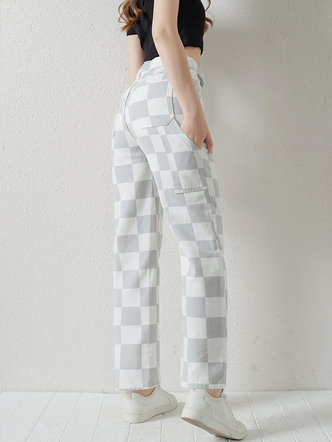 WDIRARA Girl's Checkered High Waisted Denim Pants Straight Leg Jeans - Image 2