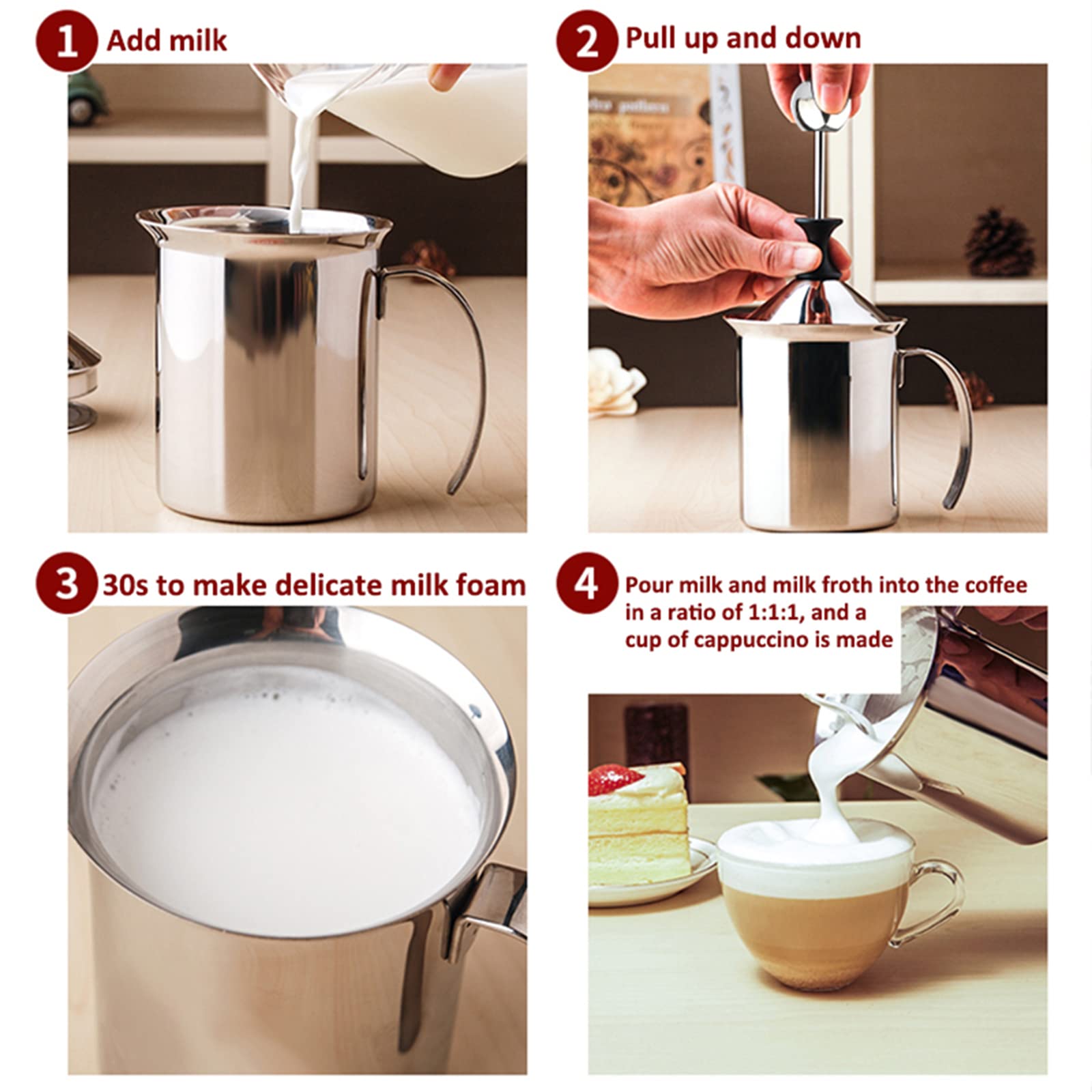 Spieniacz do mleka Ręczna pompa ręczna ze stali nierdzewnej Spieniacz do mleka, ręczny spieniacz do mleka, kubek do cappuccino i kawy latte,400ml