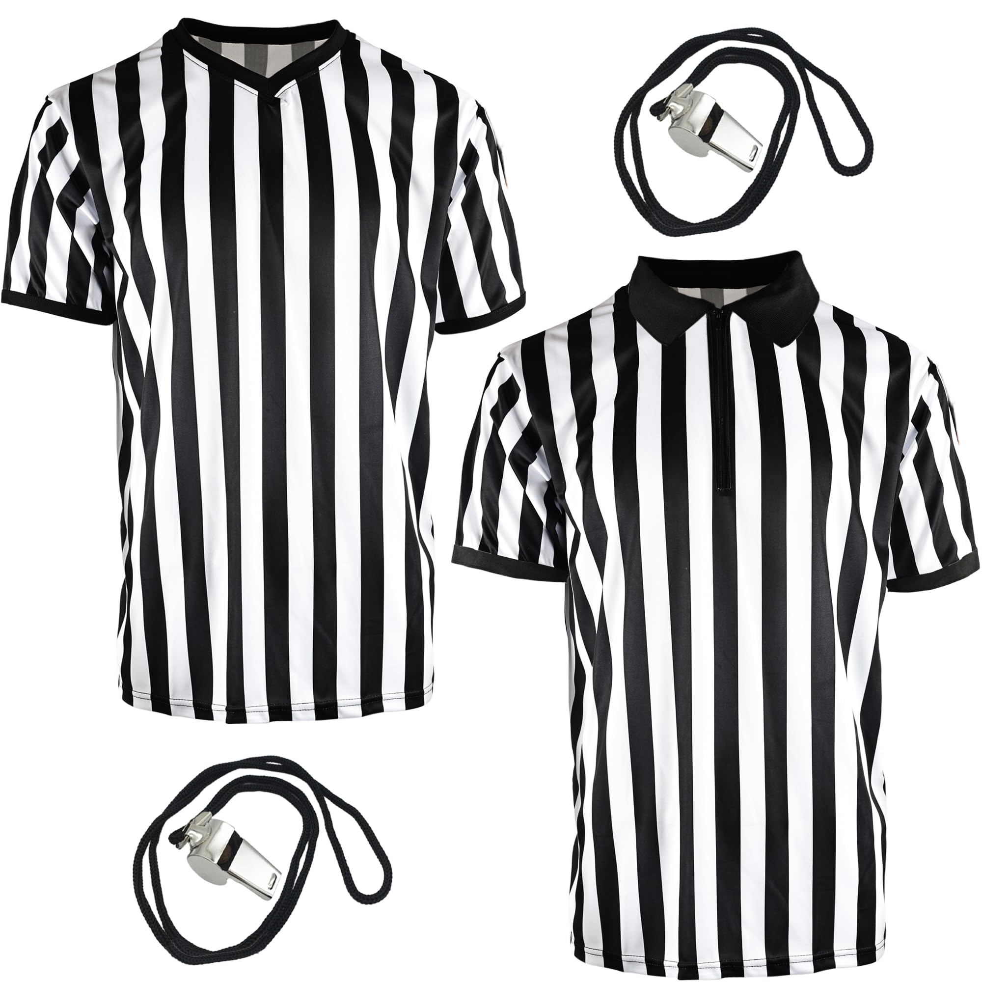 Lot de 4 maillots d'arbitre de football officiels en acier inoxydable pour homme avec sifflet et col en V - 2 styles