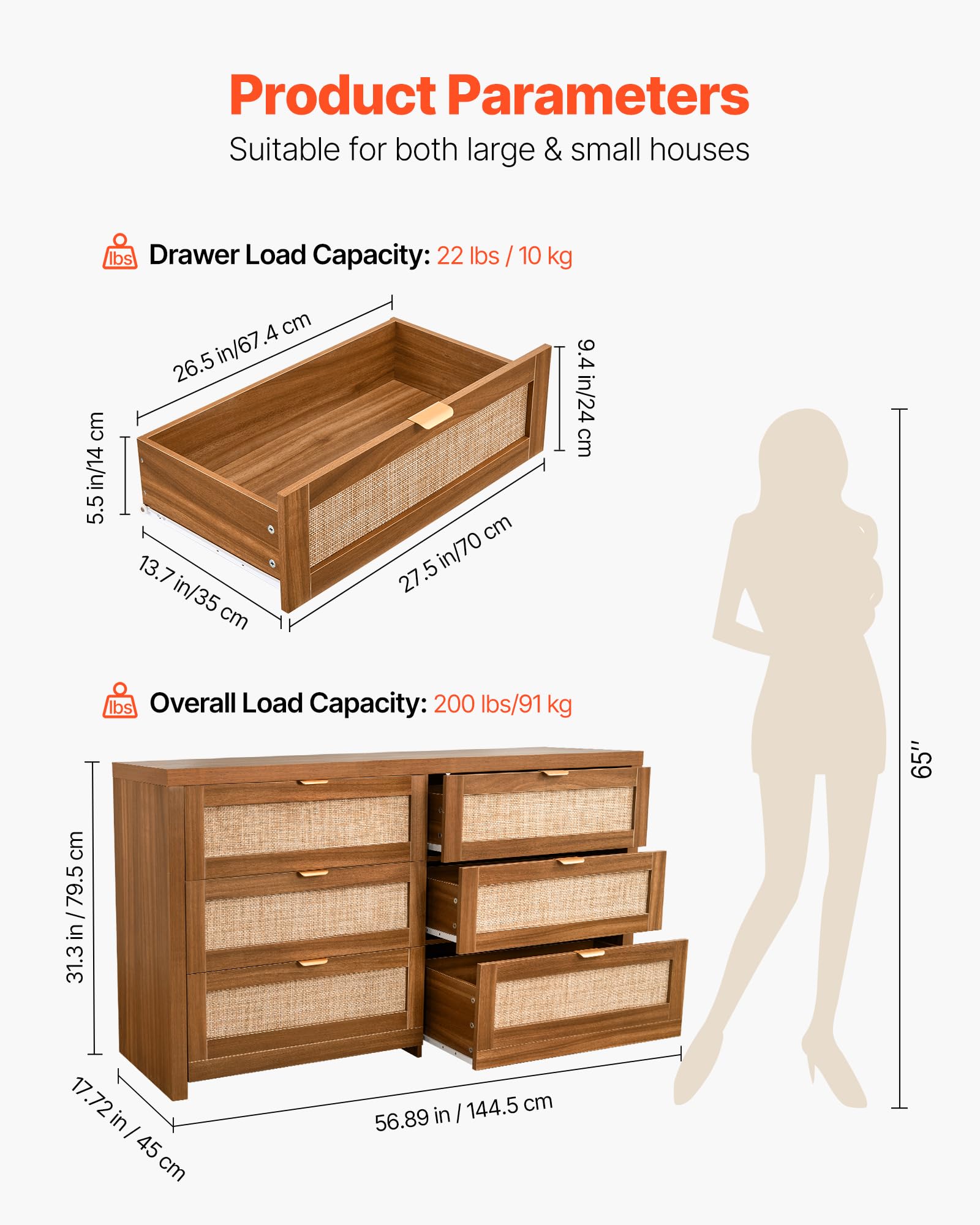 VEVOR Commode en rotin à 6 tiroirs, Meuble de Rangement avec poignées en métal, Organisateur de vêtements et Rangement bohème en Bois, Armoire pour Chambre à Coucher, Salon ou Couloir, Couleur Noyer