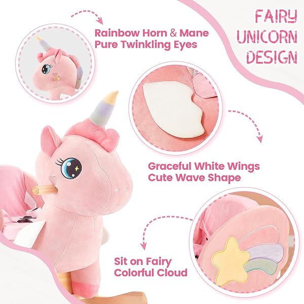 FUNLIO Cheval à Bascule Licorne pour Bébé, Cheval à Bascule Licorne Rose pour Tout-Petits de 6 Mois à 3 Ans, Animal à en Peluche, Facile à Assembler, Certifié CPC & CE - 3