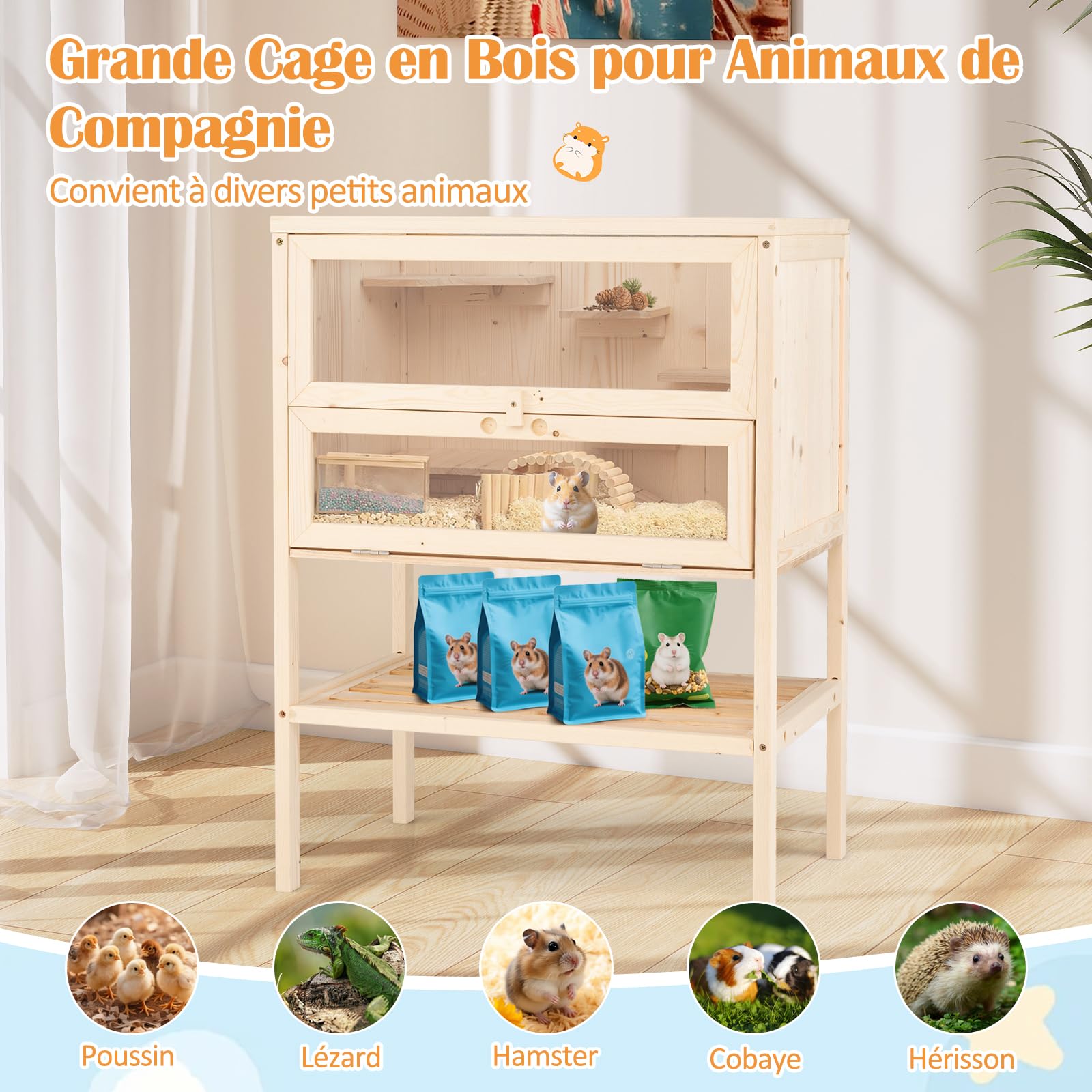 COSTWAY Cage Hamster en Bois, Cage pour Hamster, Toit Réversible, 5 Plateformes, Rampe, Rangement Inferieur, Panneau Acrylique, Porte Verrouillable, pour Poussin Lézards Cochon, 60 x 40 x 80 cm