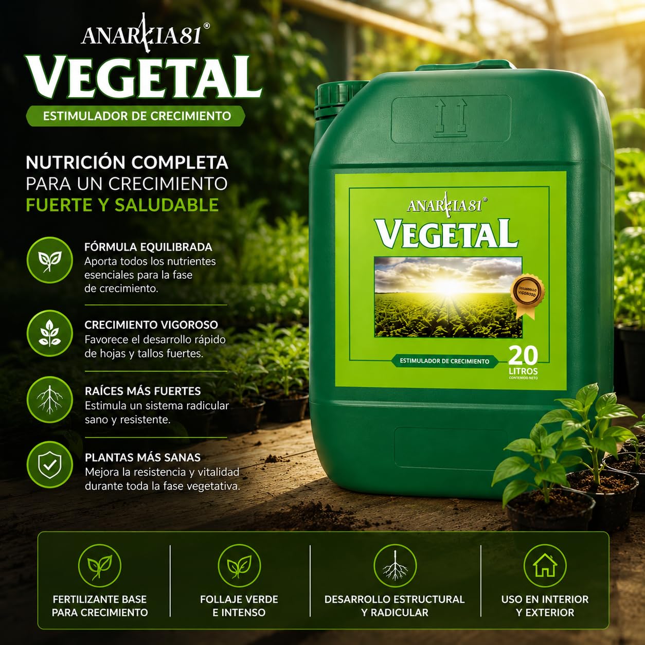 VEGETAL 20 L – Fertilizante de Crecimiento para Plantas Abono Base Completo para Desarrollo Vegetativo Vigoroso Follaje Verde Intenso Cultivo Interior y Exterior - Anarkia81
