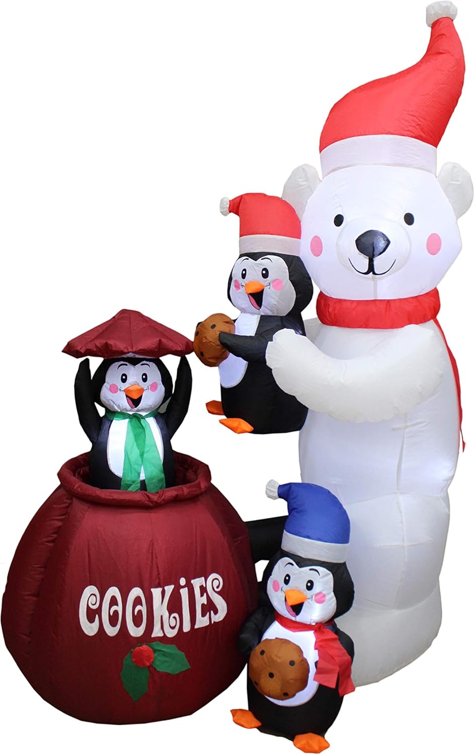 6 Foot Tall Animated Christmas Inflatable Polar Bear and Three Penguins Cookies Jar Cute Lights Lighted Blowup Party Decoration for Outdoor Indoor Home Garden Family Prop Yard with Motion