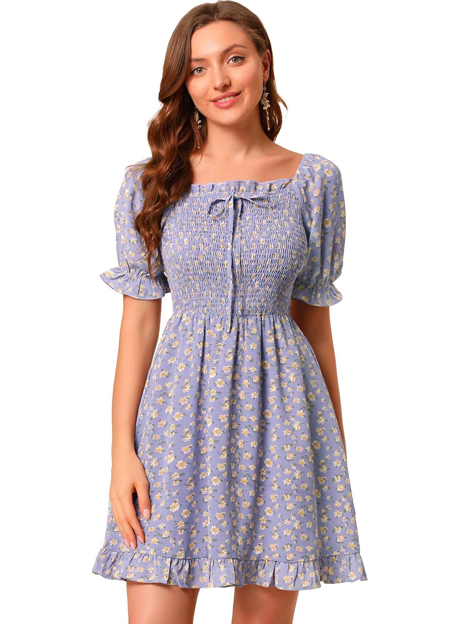Allegra K Women's Puff Sleeve Square Neck Ruffled Hem Floral Smocked Dress, Purple, M