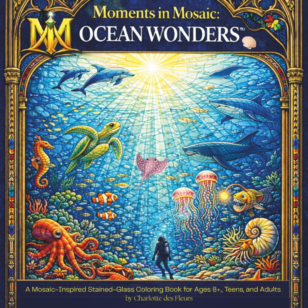 MOMENTS IN MOSAIC: Ocean Wonders: A Mosaic-Inspired Stained-Glass Coloring Book for Ages 8+, Teens and Adults