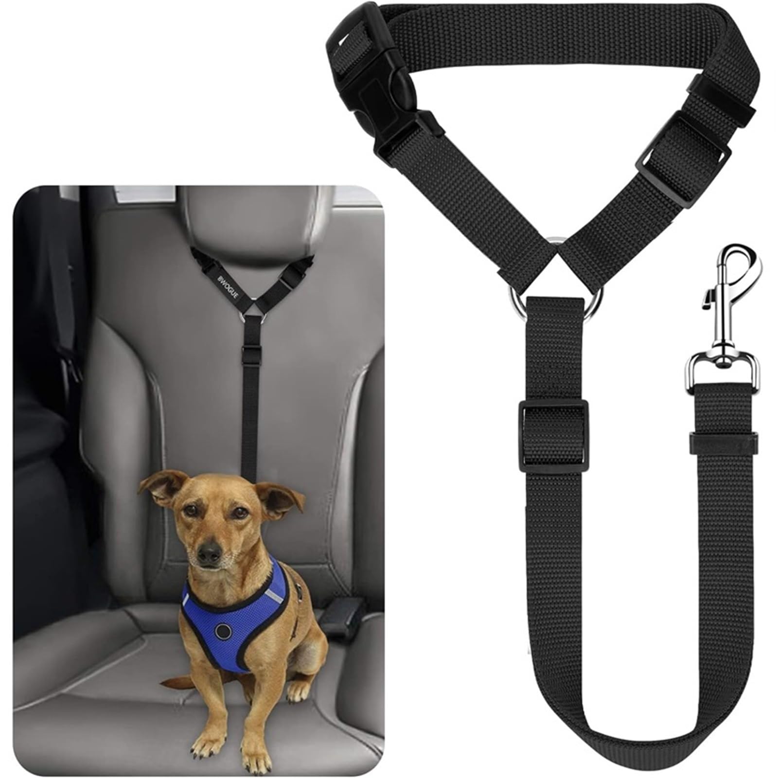 Convient pour ceinture de sécurité 2 en 1 en nylon pour animal domestique avec clip de traction (noir)
