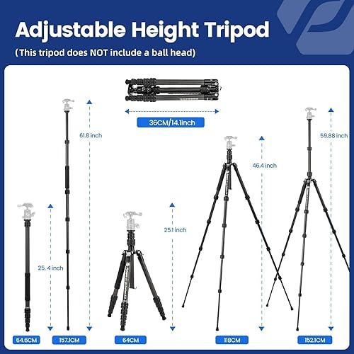 Vista 21 de Fotopro Trípode de viaje de fibra de carbono de 68 pulgadas, trípode de cámara resistente con cabeza de bola, monopie desmontable con placa de Negro