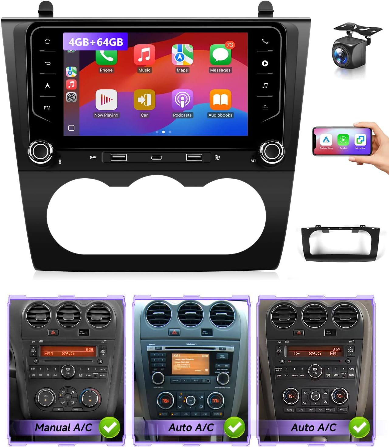 8Core Android 13 Car Radio for Nissan Altima 2008 to 2012(Manual and Auto AC), 7IN Touch Screen for Altima Stereo Wireless CarPlay & Android Auto/GPS Navi/WiFi/BT/FM RDS/DSP/Camera, 4G+64G 7IN, Manual & Auto A/C,4G+64G(No. B.O.S.E)