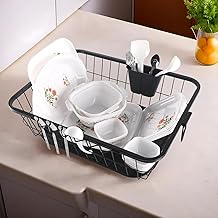 Stainless Steel Dish Drying Rack for Kitchen with Water Strainer Tray | Vessel Drainer Basket & Bartan Stand/Tokra with Handles | Black