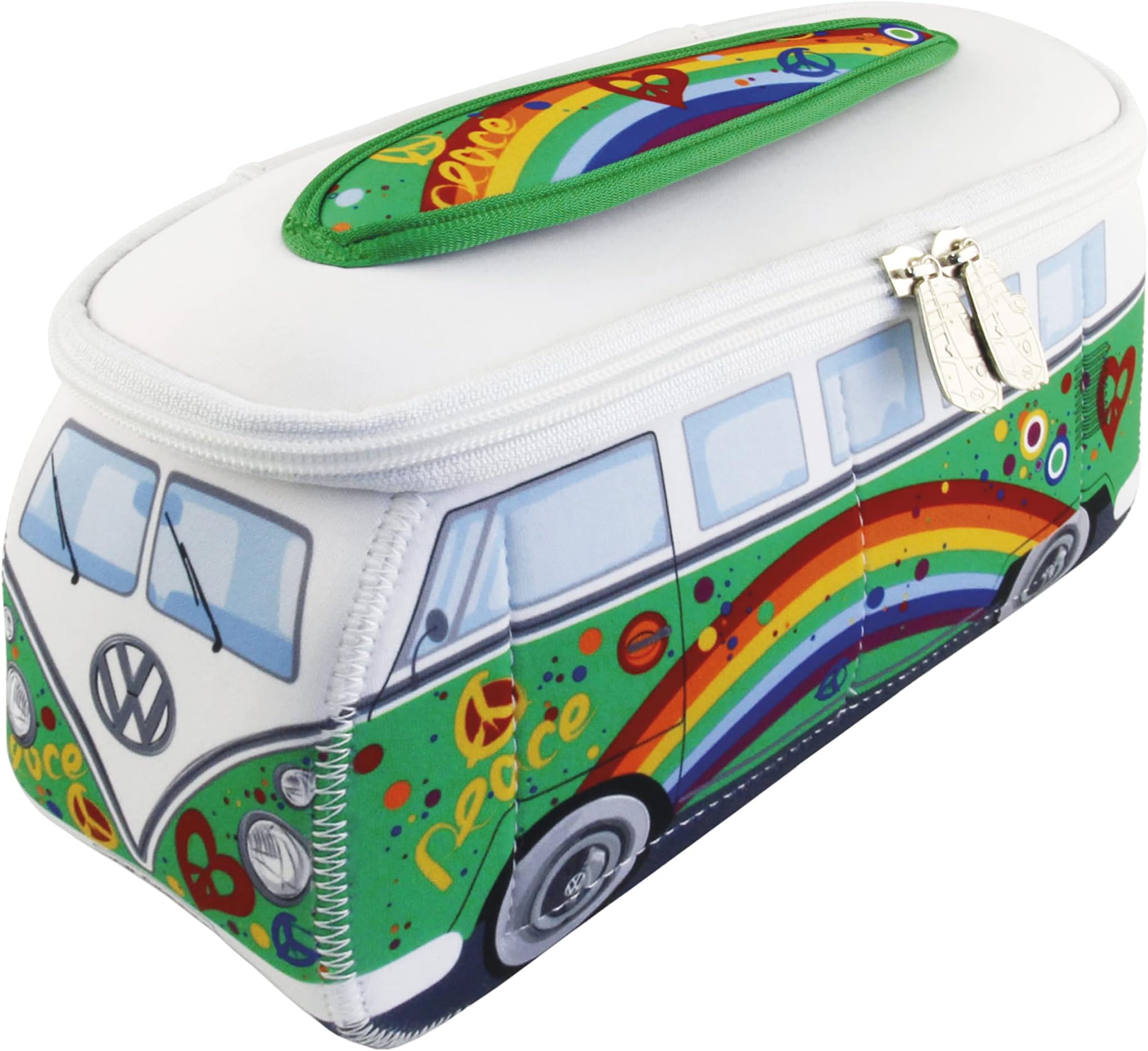 BRISAVW Collection - Volkswagen Neoprene Universal Makeup Cosmetics Toiletry Travel Pharmacy Bag in T1 Bus Design (Peace/Green) (Large (11.8 x 5.5 x 4.7 inches))