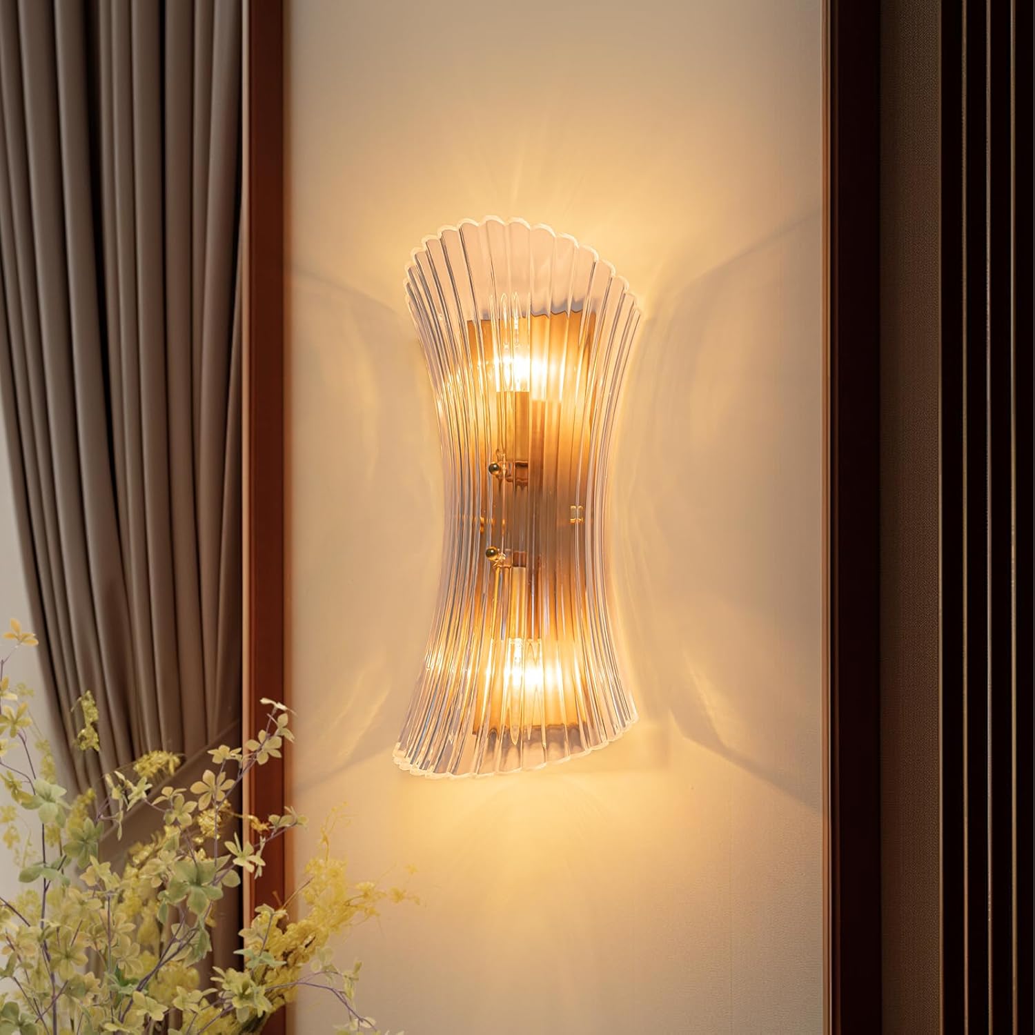 EDISLIVE Vintage Industrial 2-Light Wall Sconce, 15.35" Semi-Cut Glass Shade with Brass Finish, E12 Mid Century Modern Vanity Light for Bathroom, Hallway, Bar