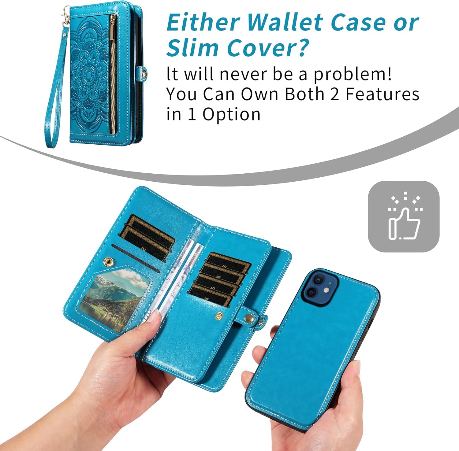 Asuwish Phone Case for iPhone 12 Mini 5.4 Zipper Wallet Detachable Cell Cover with Tempered Glass Screen Protector Crossbody Strap Flower Card Holder iPhone12mini 5G i 12s iPhone12 12mini Women Blue