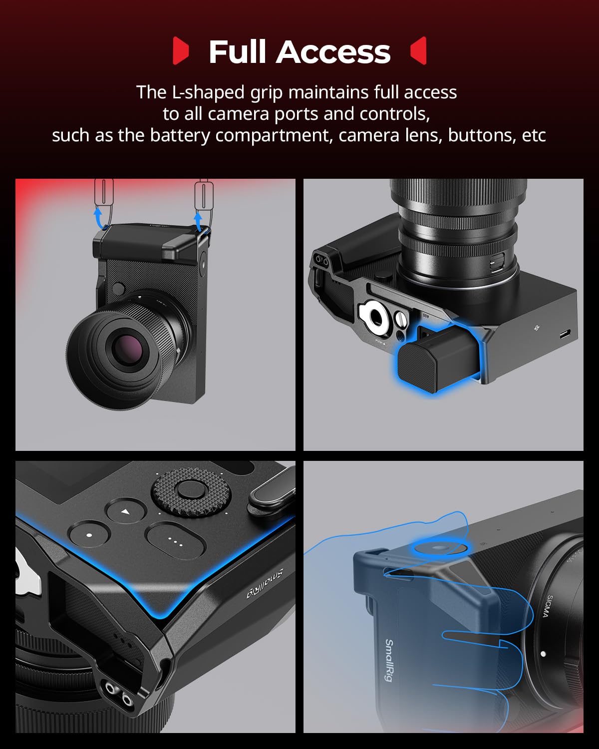 SMALLRIG Uchwyt w kształcie litery L do Sigma BF, płytka montażowa z uchwytem, wbudowana płytka szybkiego montażu do Arca, gwint 1/4''-20, ergonomiczny uchwyt ręczny i uchwyt na kciuk (czarny) - 5389