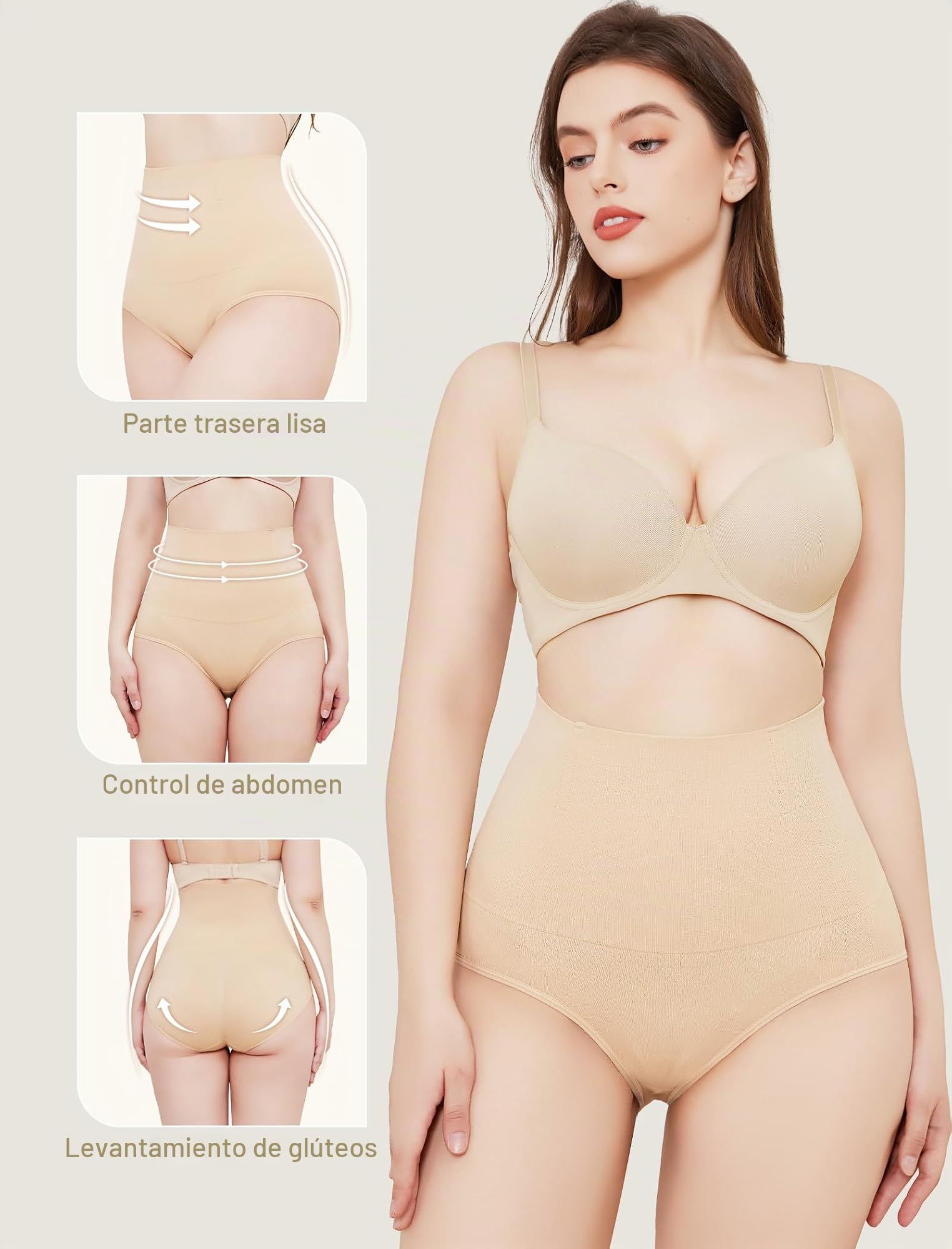 Fajas Reductoras Mujer Bragas Postparto, Faja Moldeadora y Reductora Cintura Alta Invisible Sin Costuras, Control Abdomen y Levantamiento de Glúteos Recuperación Postparto Beige L