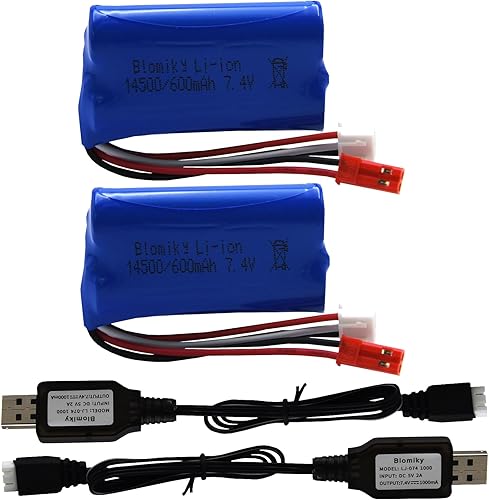 Blomiky Batería recargable de iones de litio de 7.4 V 2S 600 mAh con enchufe JST y cable de carga, adecuada para algunos autos RC, camiones,