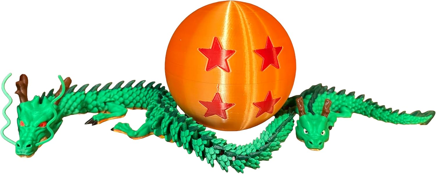 17.5 Inch Articulating Shenron Dragon Toy and 7 Inch Junior Shenron Dragon Inside Surprise 4 Star Ball/Egg, Green, Gold, Orange, Red, Black, and Brown (Large Dragon w/Ball)