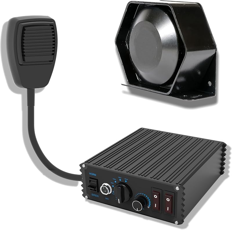 Sirene e sistema PA automotivo Ledqusa 12 V 100 W com alto-falante slim, microfone e 2 interruptores – 1 unidade