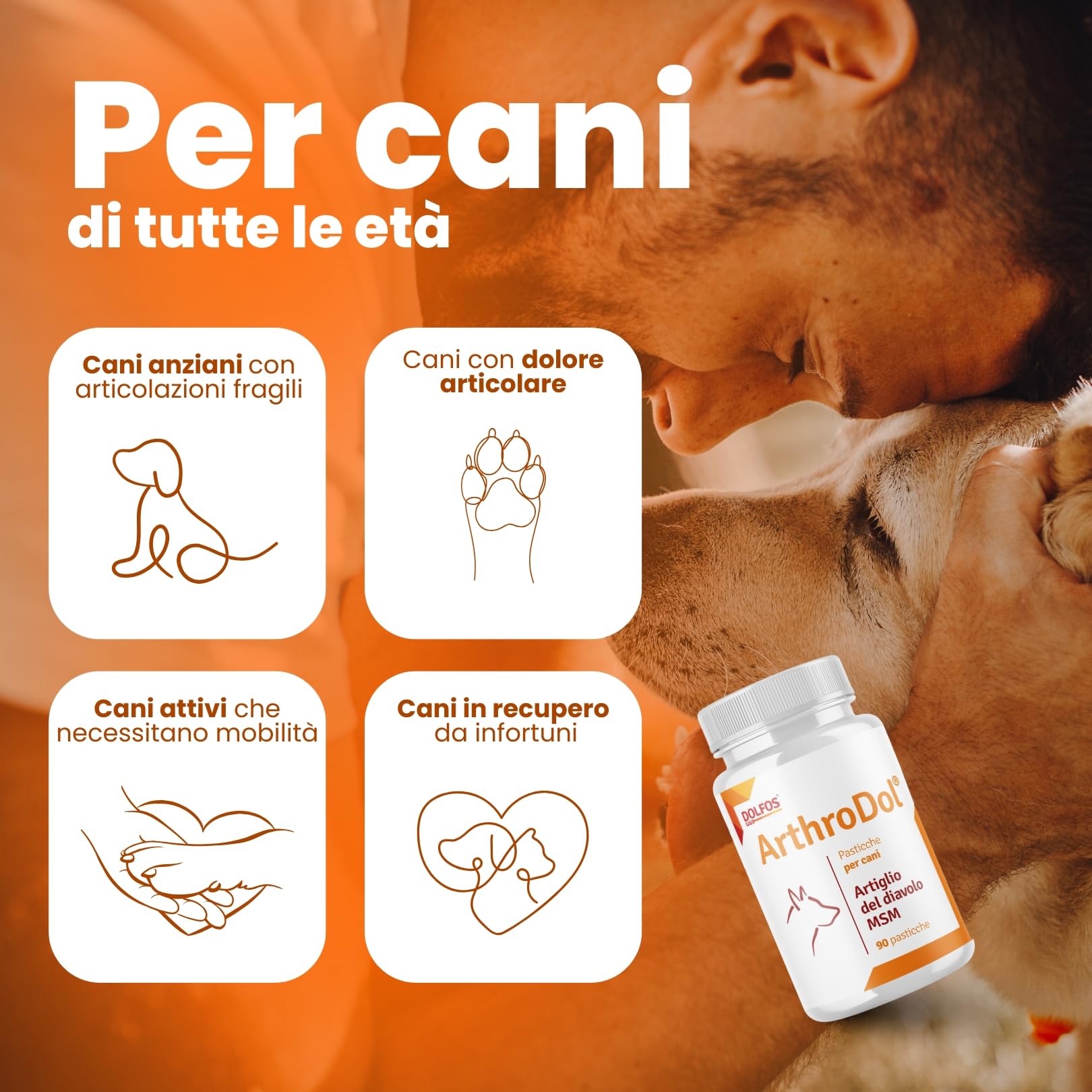 Dolfos Pets ArthroDol Integratore Articolazioni Cane, Antinfiammatorio e Analgesico Favorisce la Mobilità dei Cani Anziani 100% Naturale 90 Compresse