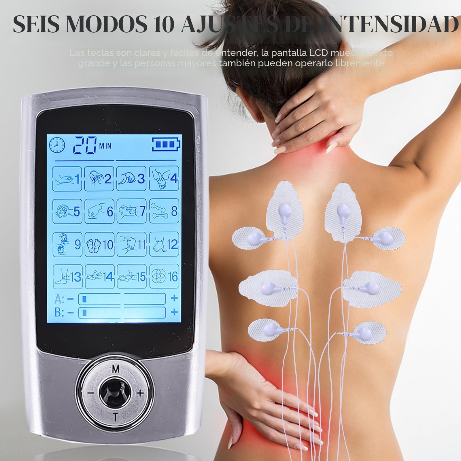 TENS Dispositivo de 16 modos, dispositivo de alimentación recargable contra el dolor, 16 programas de entrenamiento, 20 niveles de intensidad, 2 canales, almohadillas electrodos premium, dispositivo