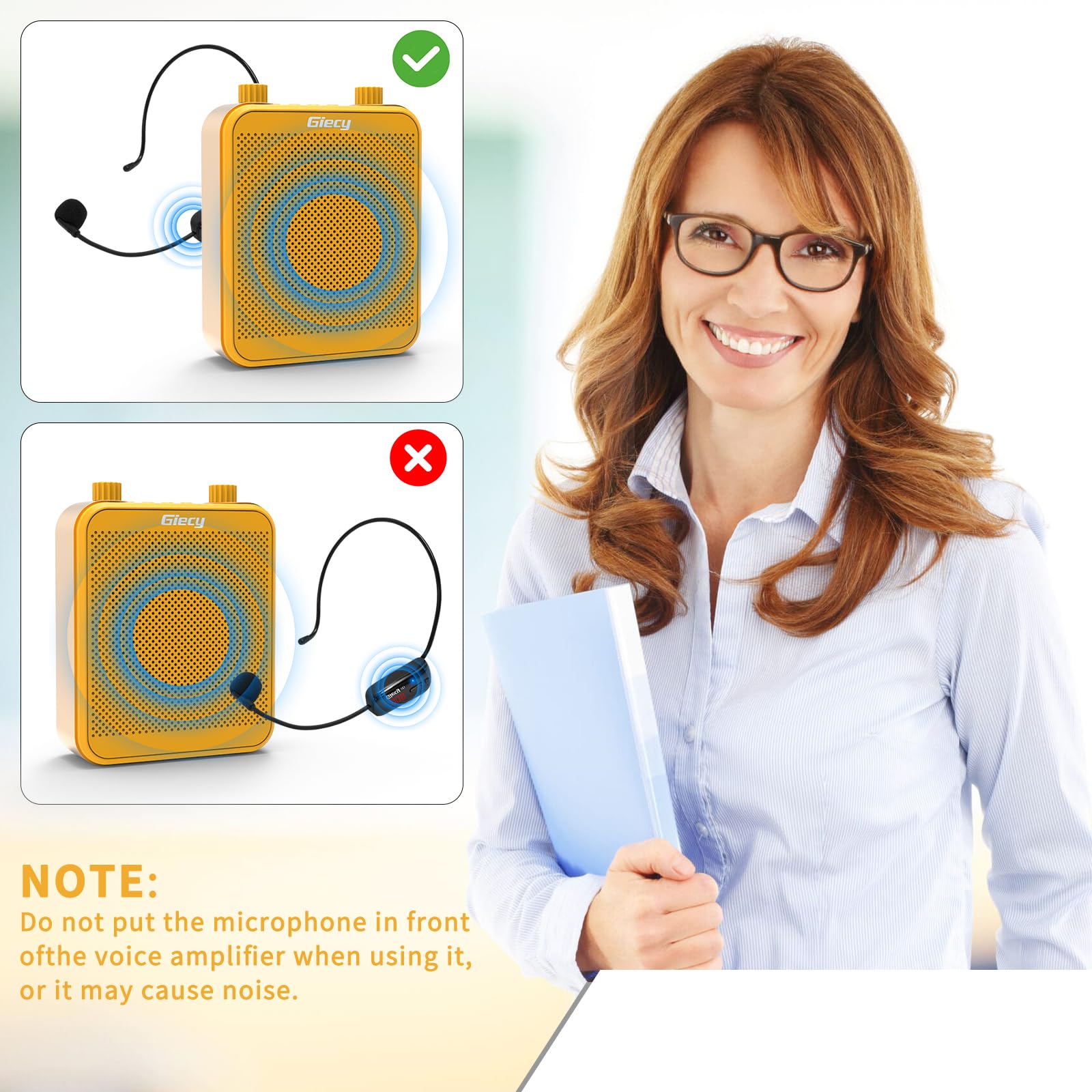 Amplificador de Voz Portátil con Micrófono Inalámbrico UHF, Batería de 2800mAh, ReproductorTF/USB, Radio FM y Grabador para Profesores, Tours y Eventos(Amarillo)