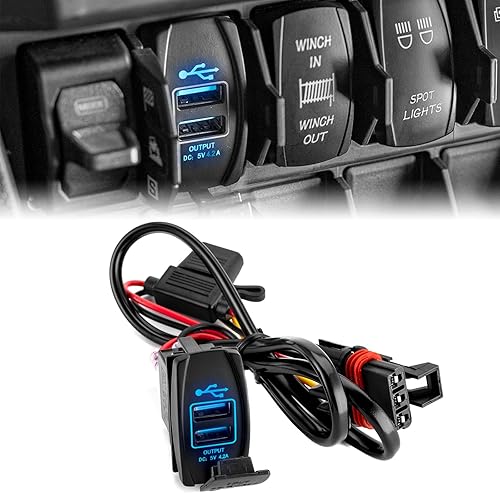 Miniatura 1 de WeiSen Cargador USB dual 4.2A Plug & Play, estilo interruptor basculante, 18 AWG, 12 V/24 V, carga rápida con barra de alimentación de pulso,