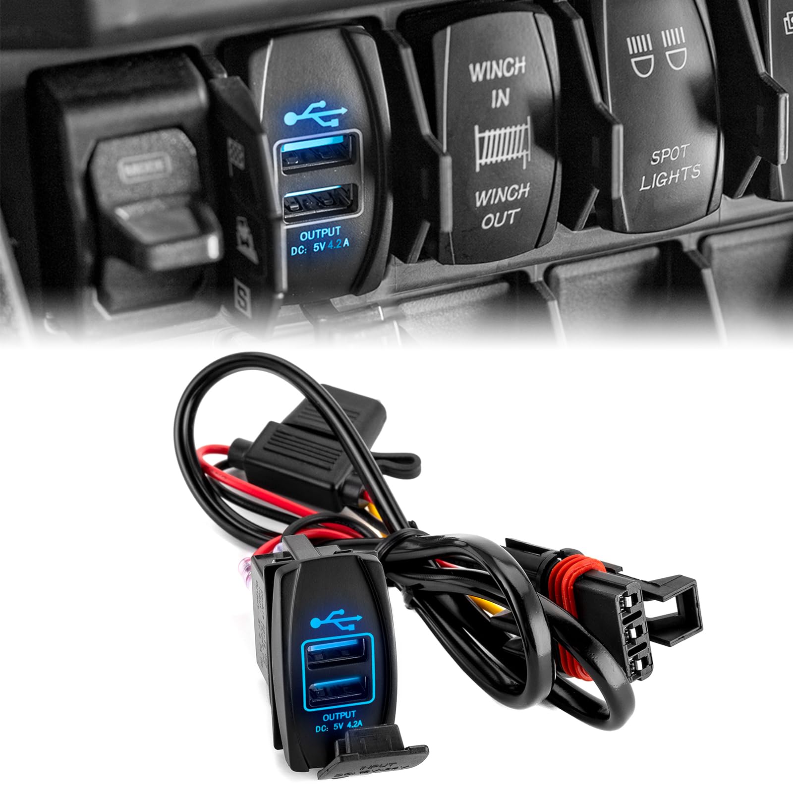 Plug & Play Dual USB 4.2A Charger, Rocker Switch Style 18 AWG 12V/24V Fast Charge with Pulse Power Bar Plug Connector Compatible with Polaris RZR Ranger General Pulse Bus Bar