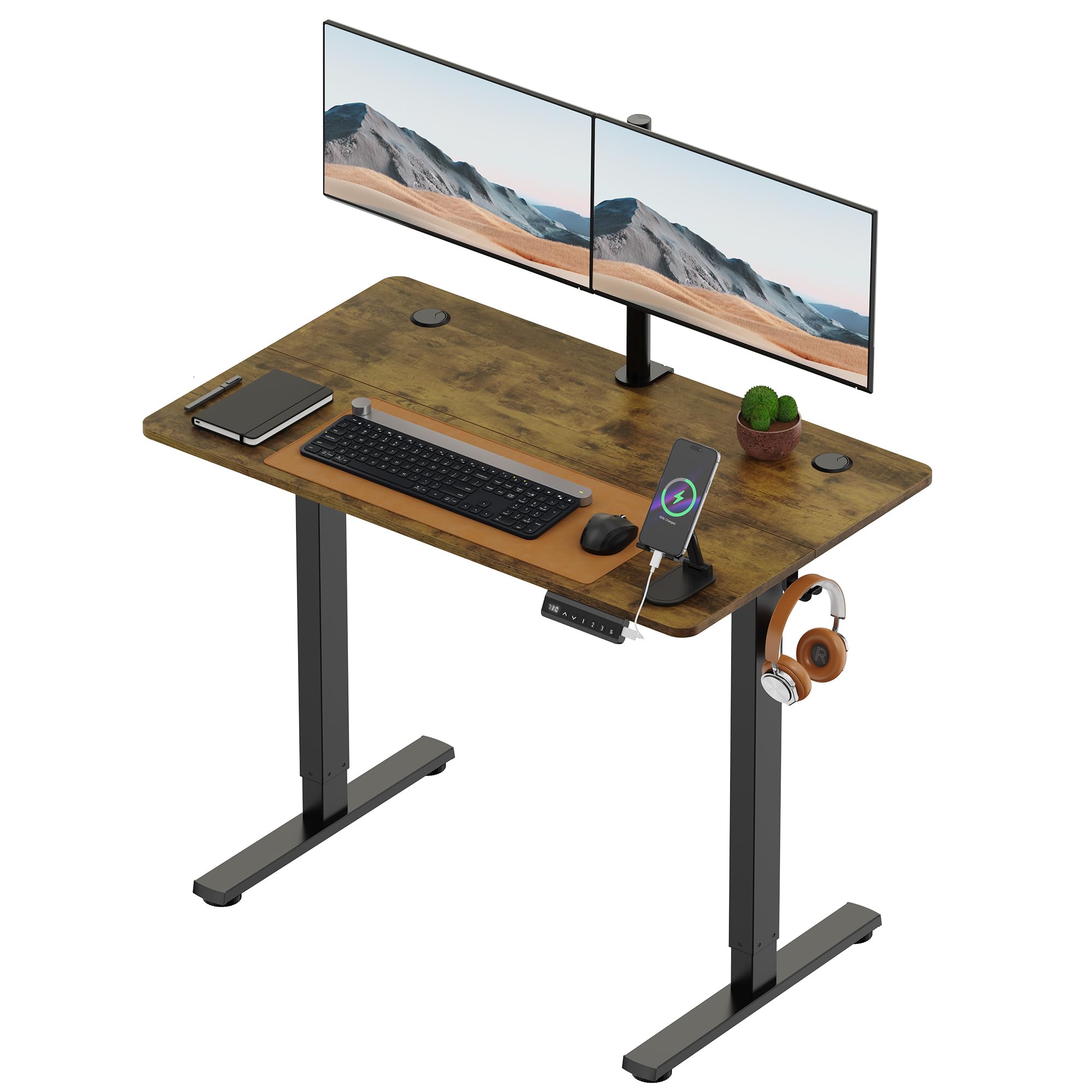 VonHaus Electric Standing Desk, USB-C Charging Height Adjustable Sit Stand Desk with Anti-Collision, Height Preset Technology & Cable Management, Dark Wood Two Piece Desktop & Steel Frame, 100x60cm โ image 1