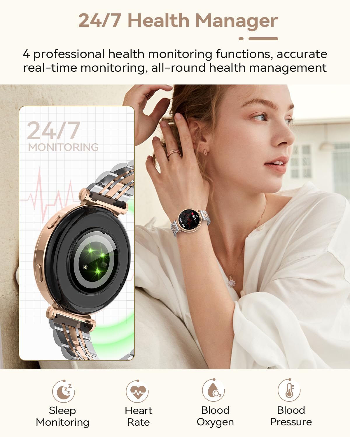 Fitnynxos Smartwatch Donna, 1.27" HD Orologio Smartwatch con Chiamate, 24h Cardiofrequenzimetro Ciclo Mestruale SpO2 Sonno IP68 120+ Sport Contapassi Notifiche Whatsapp per iOS Android Oro Regalo