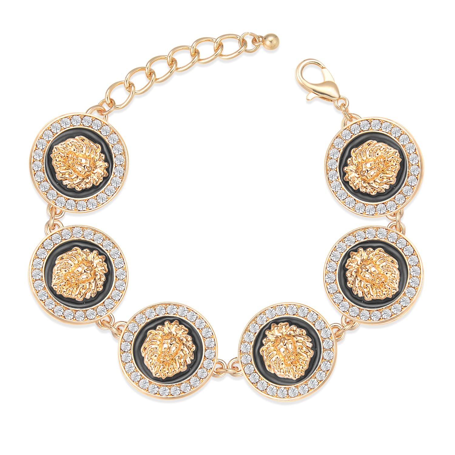 AononuWomen's Gold Plated Lion Head Linked Chain Bracelet Cute Animal Sparkly Hip Hop Colored Crystal Enamel Costume Party Jewelry