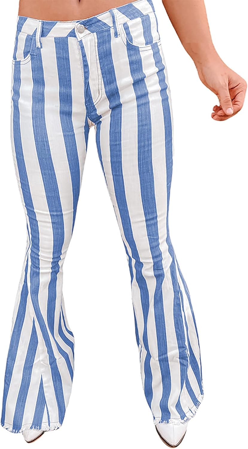 Womens Casual High Waist Bell Bottom Jeans Striped Botswana Ubuy