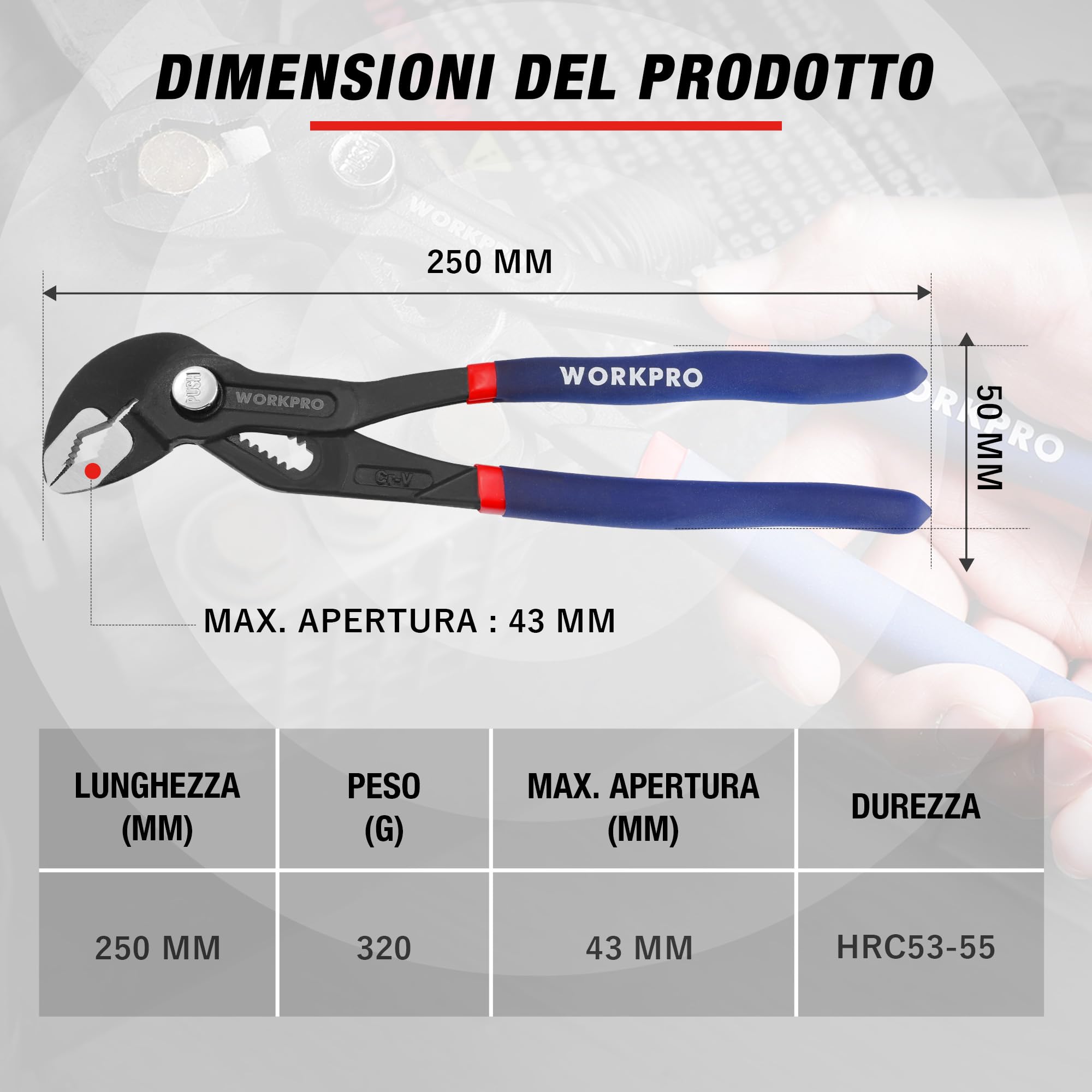 WORKPRO Pinze Regolabili per Tubi e Dadi 250mm, Pinza a Pappagallo a Regolazione Rapida, con Comoda Impugnatura