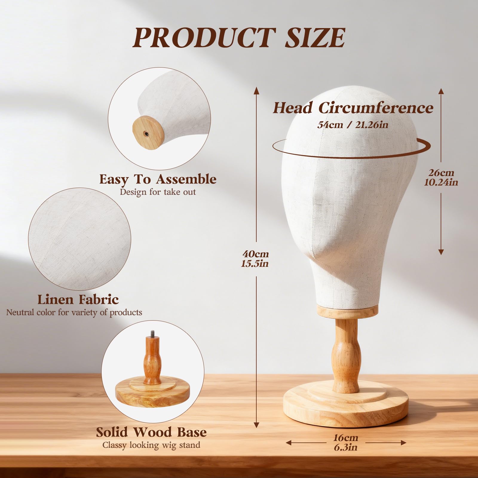 Standfester Perückenständer 54cm, Perückenkopf für Präsentation von Mützen und Hüten, Stabiler Puppenkopf für Salon
