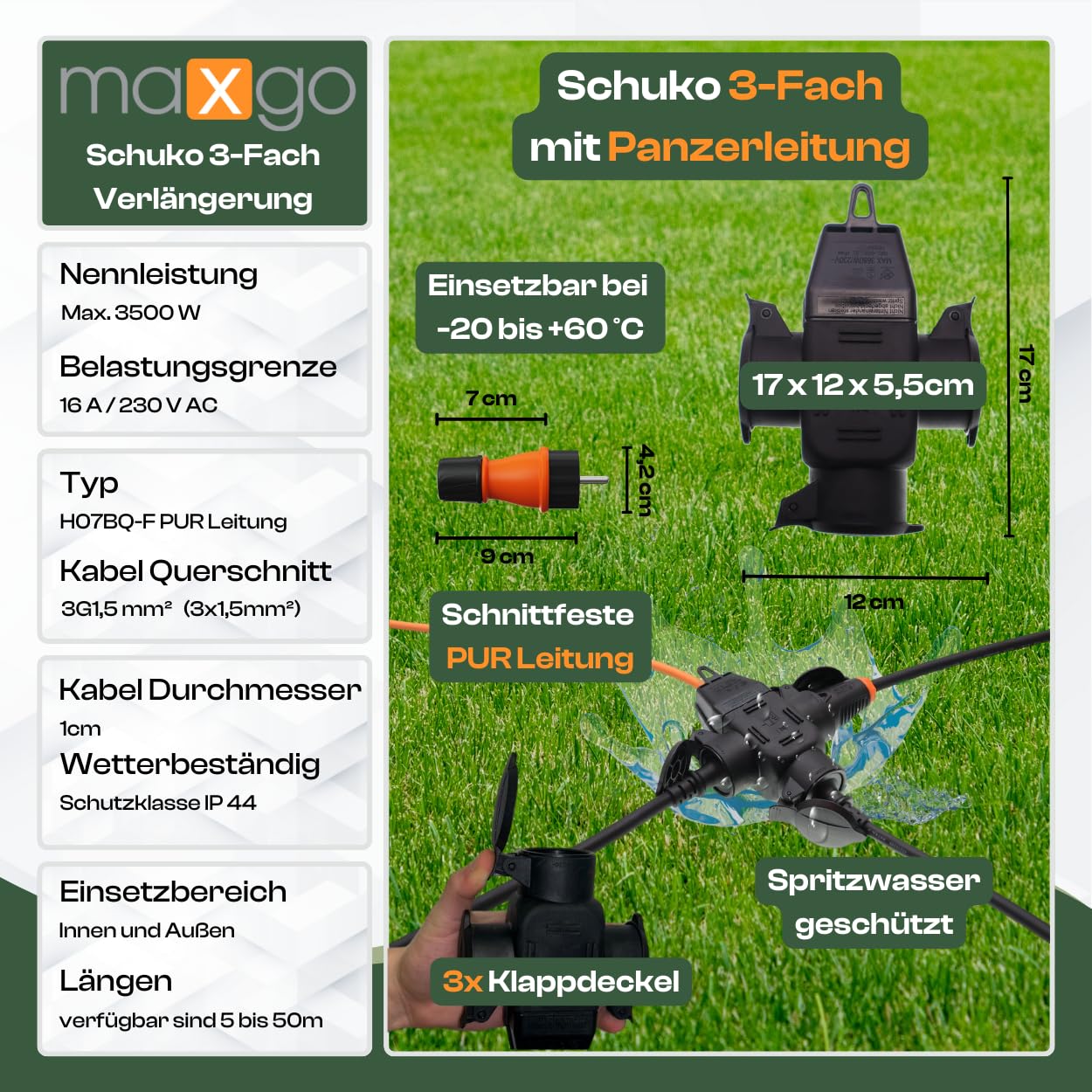 maxgo Verlängerungskabel 10m Außen 3-Fach Verteiler H07BQ-F 3x1,5 Panzerleitung Stromkabel Außenbereich Schuko Verlängerung 10 Meter Outdoor Verlängerung Kabel Mehrfachstecker Multisteckdose
