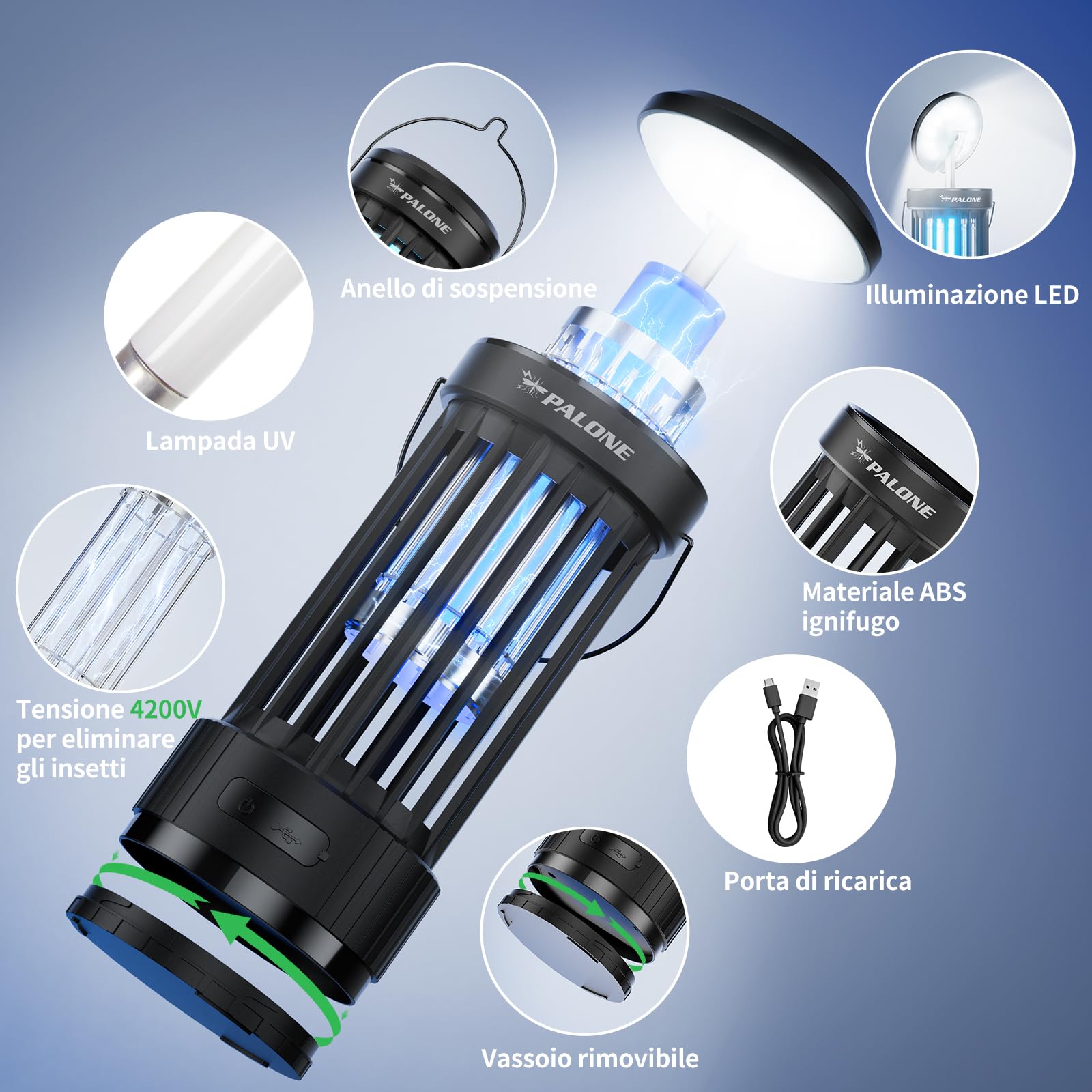 PALONE Lampada Antizanzare Elettrica con Luci UV e LED Regolabili | 4000mAh 4500V USB Zapper per Insetti, Trappola Elettrica Portatile per Interni ed Esterni, Campeggio, Pesca, Escursionismo