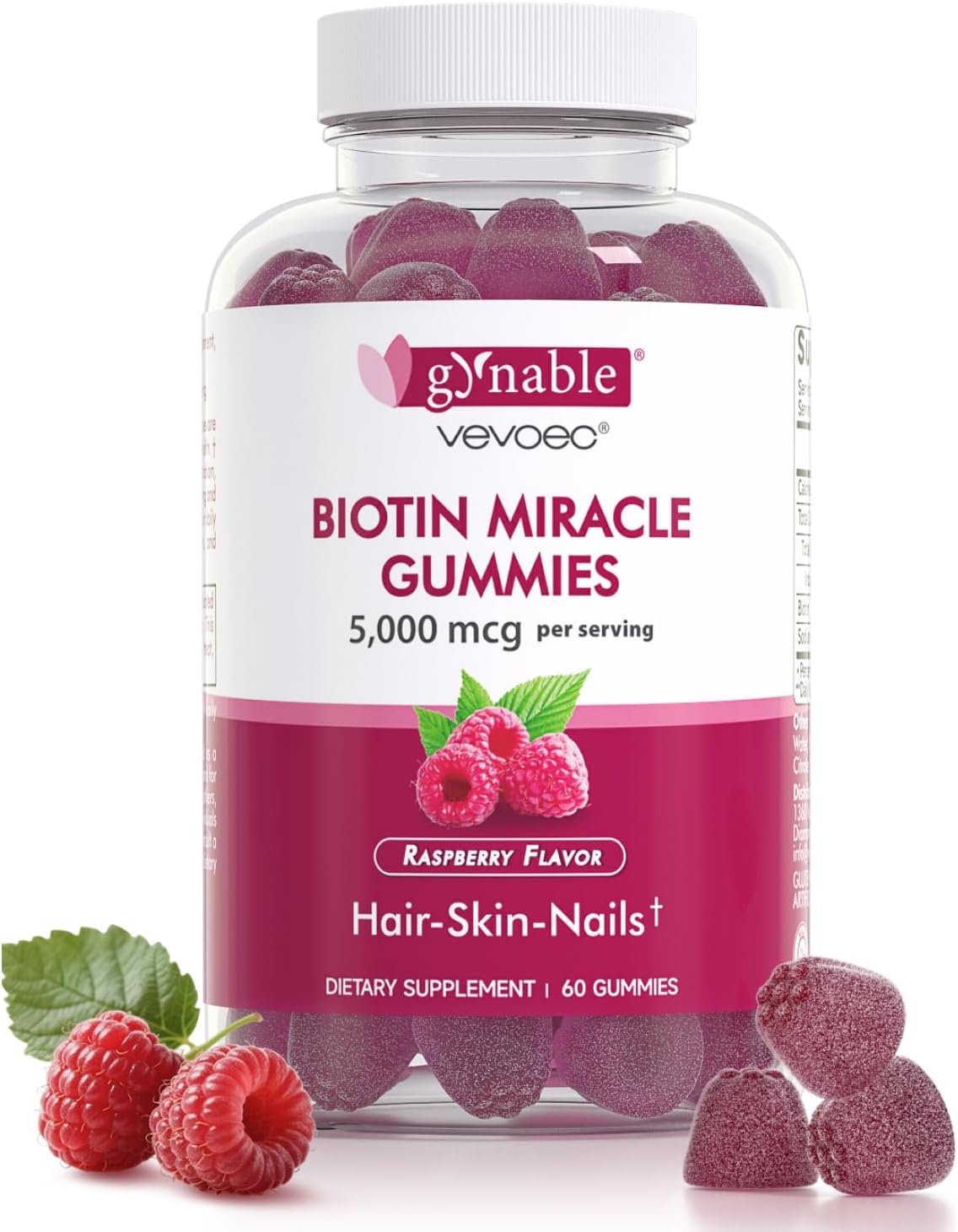Gynable Biotin Gummies Vitamin B7, 5000 mcg, Hair Skin and Nails Supplement, 60 Count, 1 Month Supply