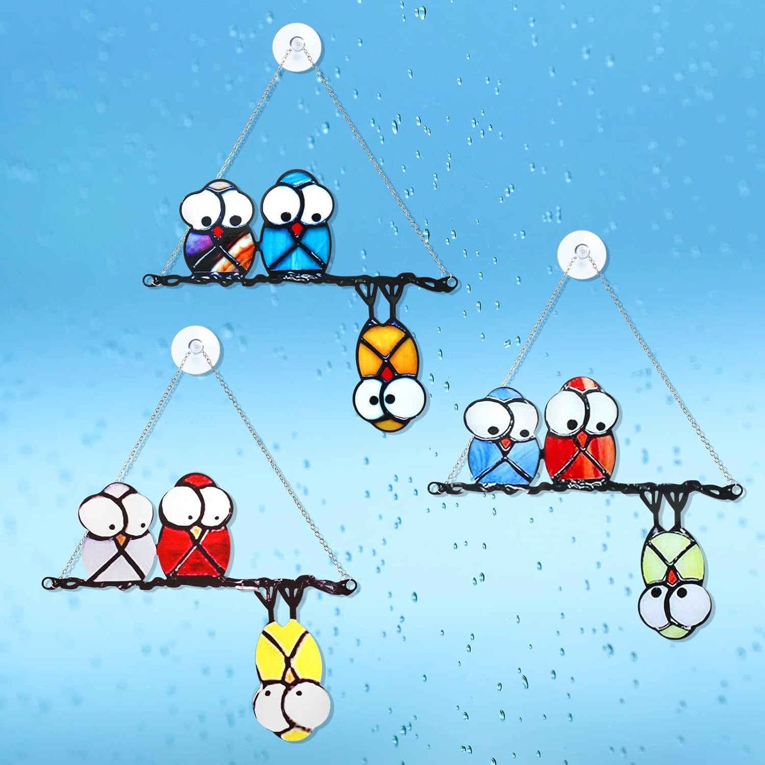 Therwen 3 Pcs Stained Glass Suncatchers Panels Multicolor Owls on a Wire Bird