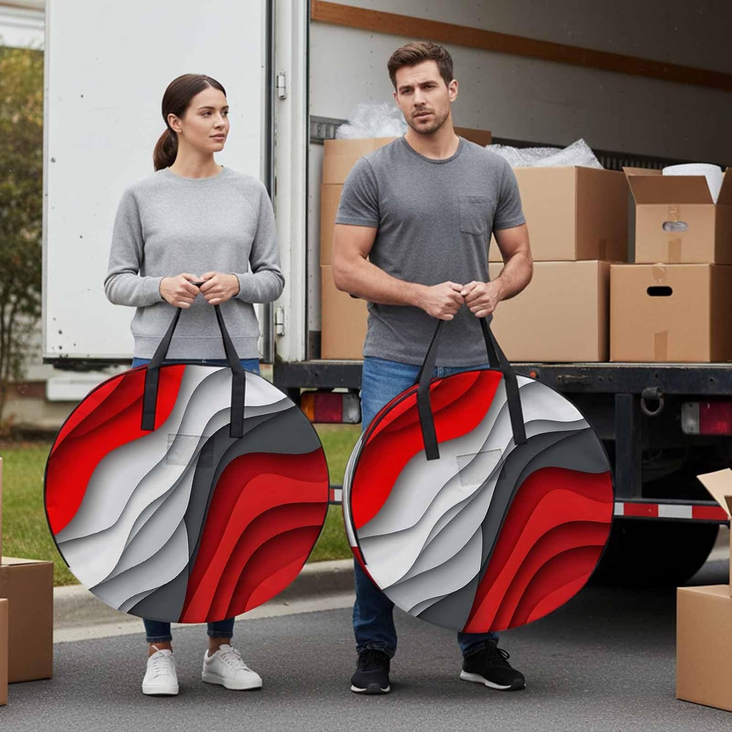 Red Grey Waves Round Storage Bag 36 Inch, Abstract Water Ripple Modern Gradient Clothes Storage Container with Handles Heavy Duty Organizer for Comforter, Bedding & Holiday Wreaths