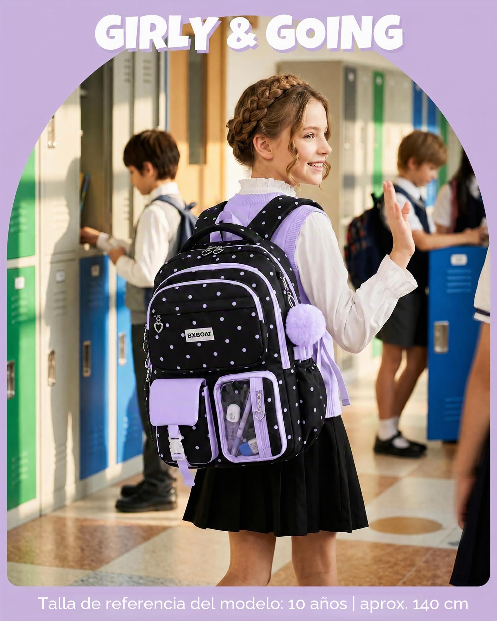 Amythe Mochila Escolar Niñas Clases de 1 a 6 Grande Ligero, Morado