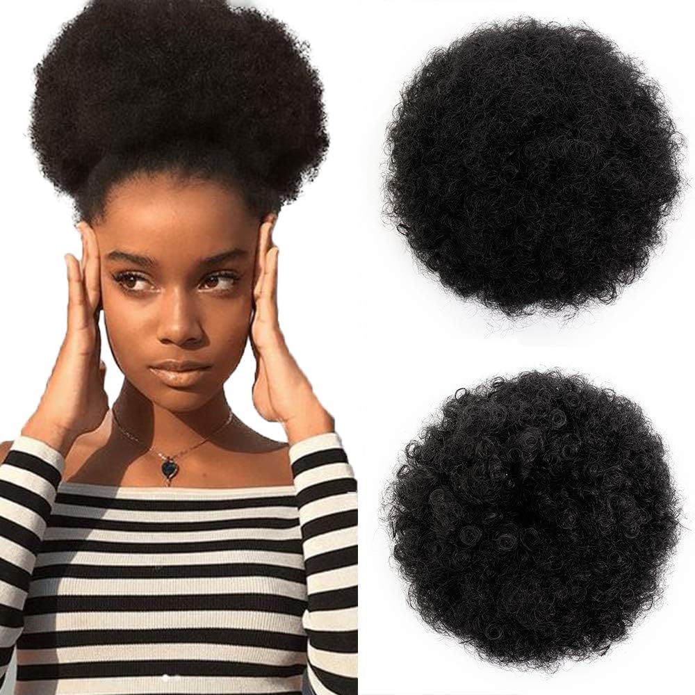 Short Afro Synthetic Curly Hair Ponytail African American Kinky Curly Wrap Drawstring Puff Ponytail Hair Extensions Wig with 2 Clips(Large 1B)