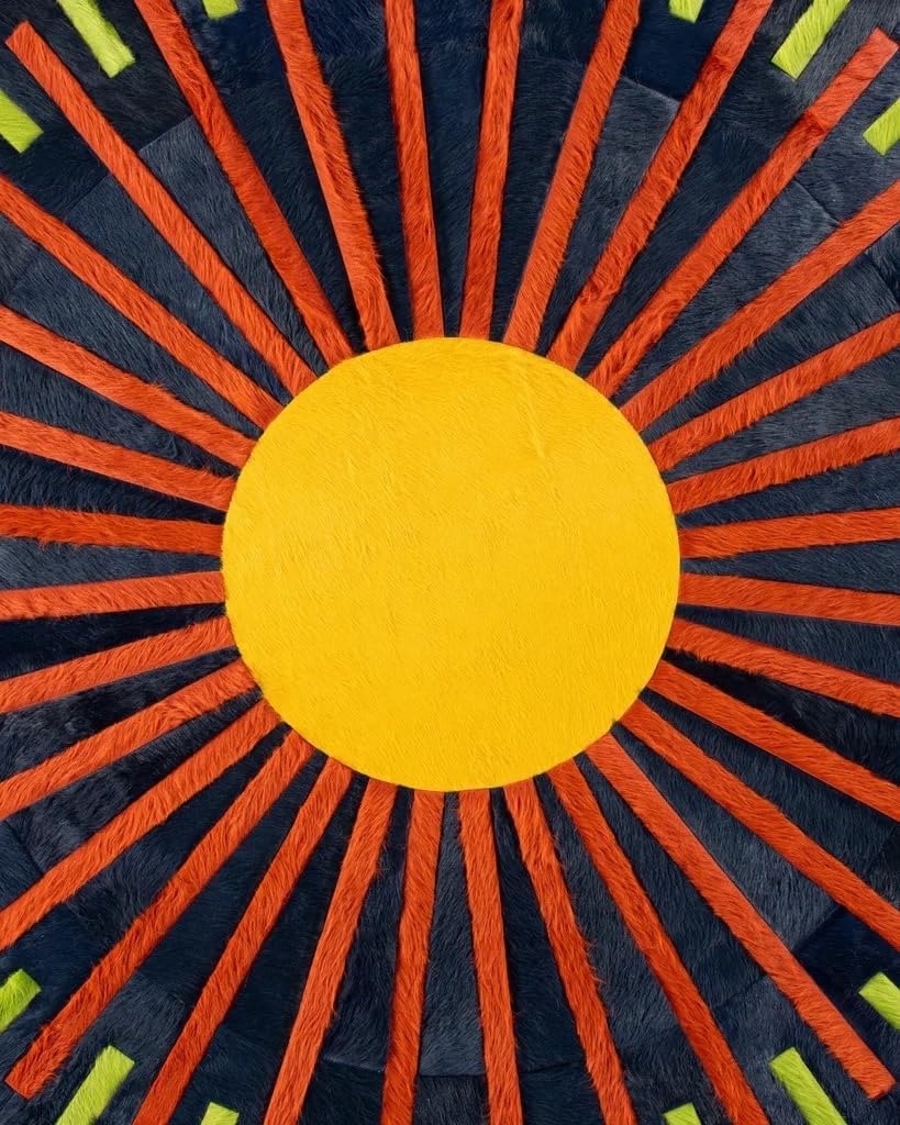 Round Leather Area Rug, Cowhide Soft Hair Suede Leather Carpet, Luxury Non Slip Floor Accent, Ideal for High Traffic Areas in Living Room, Color: Navy Blue with Multi Sun Rays Design (3x3 ft)