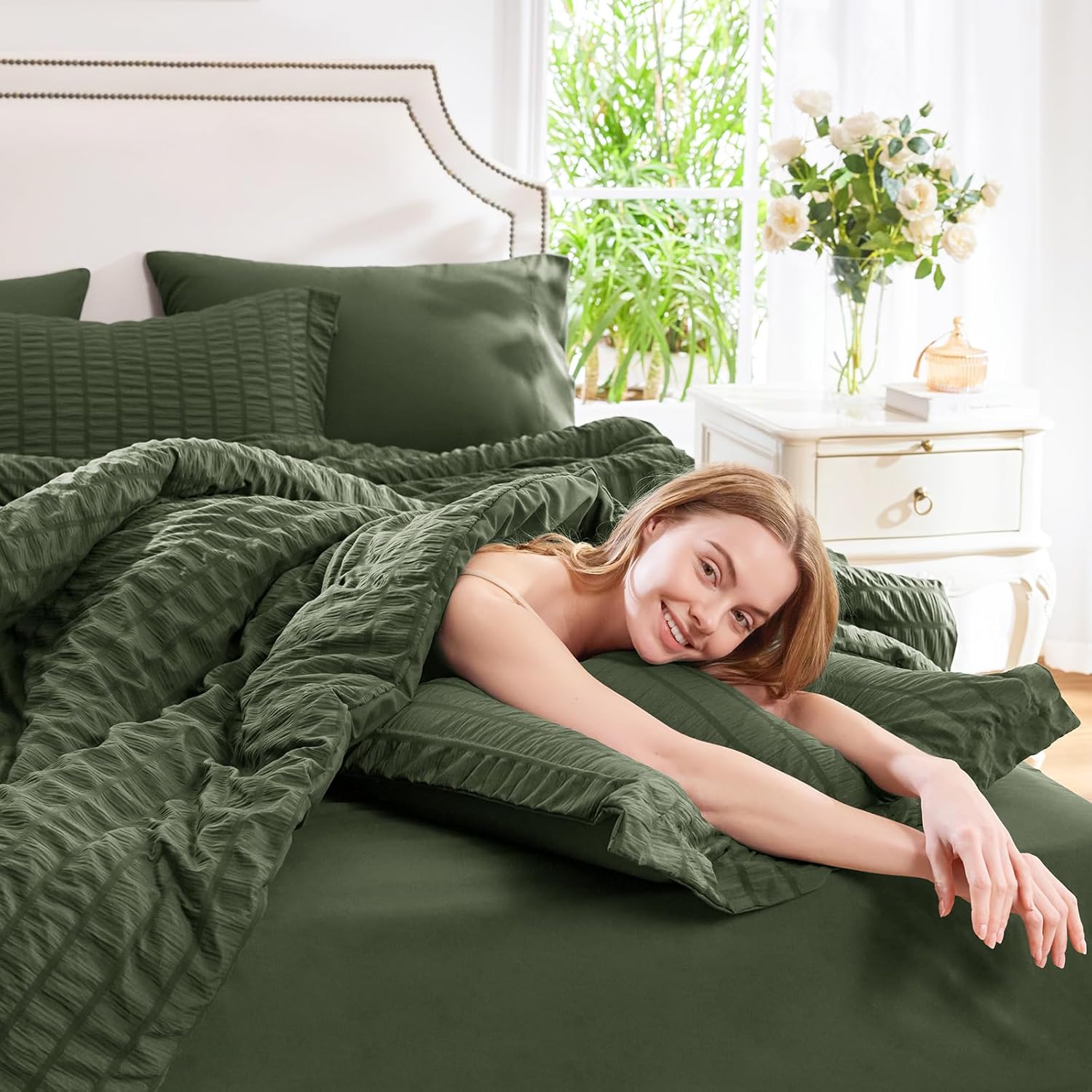 CozyLux Oversized King Comforter Set Olive Green Seersucker 7 Pieces Bed in a Bag King Comforter Set with Sheets, Luxury Soft Bedding Set with Down Alternative Comforter, Sheets, Pillowcases & Shams - Image 7
