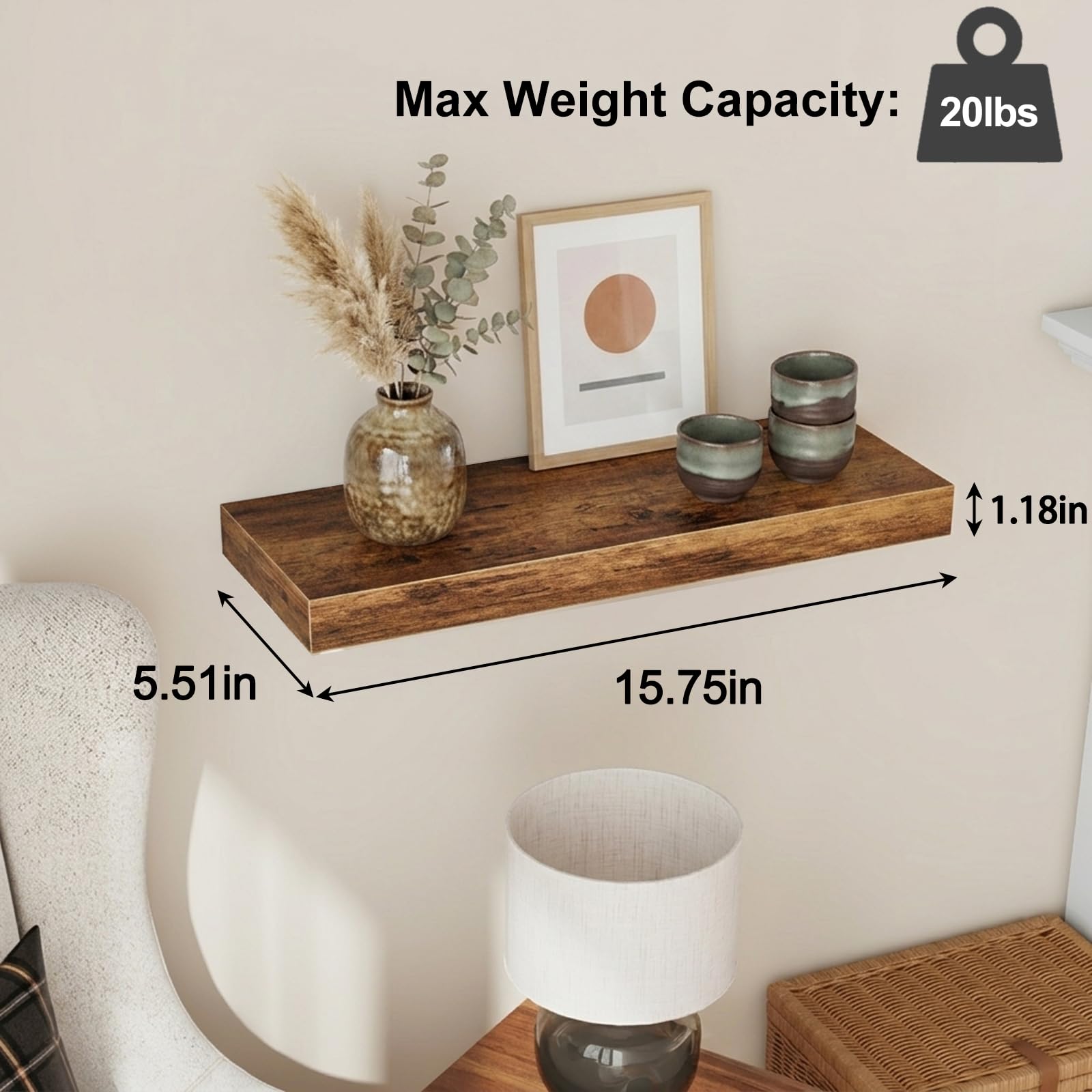 Fixwal Estantes flotantes de 15.8 pulgadas, juego de 4 estantes de pared con acabado de madera rústica para decoración de pared, con soportes invisibles para baño, sala de estar, dormitorio y cocina