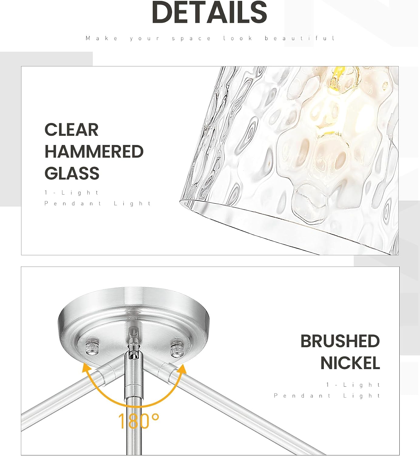 zeyu Adjustable Hanging Lights for Kitchen, Large Pendant Lights Kitchen Island, Modern Hanging Pendant Lights 2 Pack with Clear Hammered Glass, Brushed Nickel Finish, ZJF63MIL-L-2PK BN