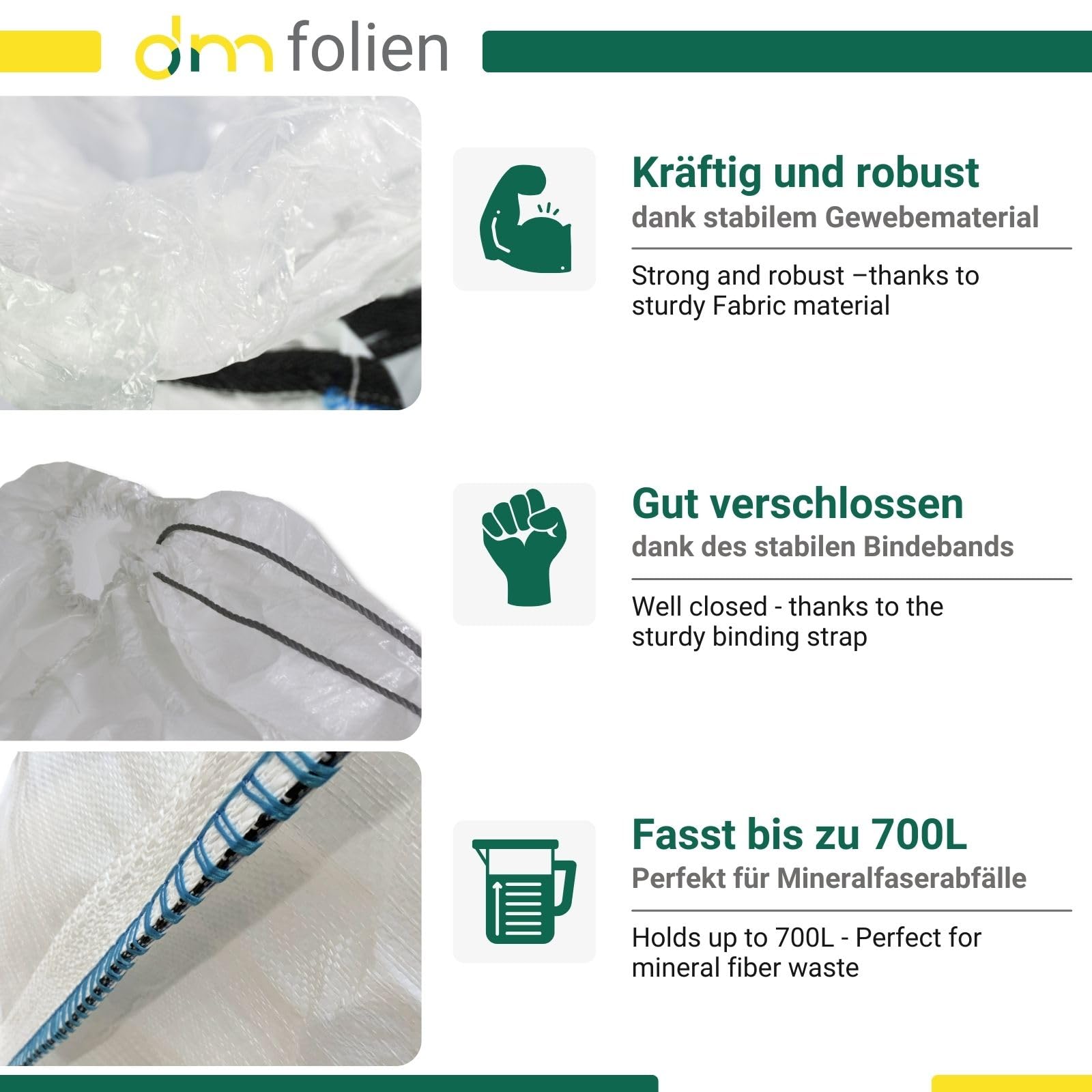 dm-folien Big Bag Mineralwolle 140x220 cm I 10 Stück I Fassungsvermögen von 700 Liter I Mineralwolle Sack mit Kordel & Hebeschlaufen I KMF Big Bag Säcke mit 85g/m² Stärke I stabil & beschichtet