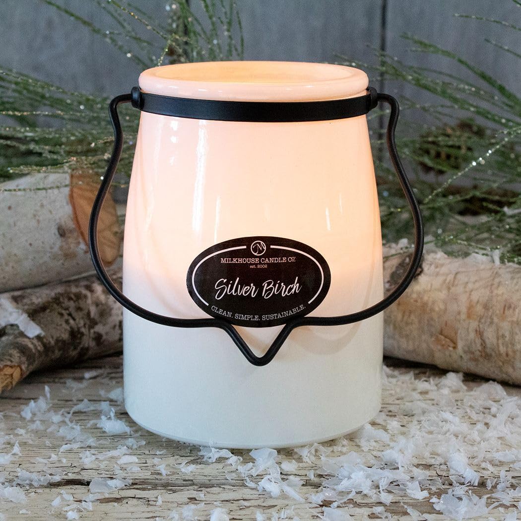 Milkhouse Candle Company Silver Birch Soy Candle - Evergreen | Birch | Warm Spice Scented - 22 oz Butter Jar with Lid, 120+ Hour Burn Time, Made in the USA