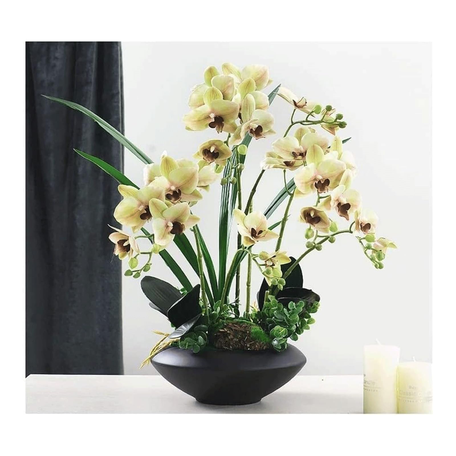 Fiori Artificiali di Phalaenopsis in Vaso Nero - Piante di Orchidee finte realistiche in Vaso per centrotavola, Decorazioni per Interni, casa e Ufficio (Giallo)