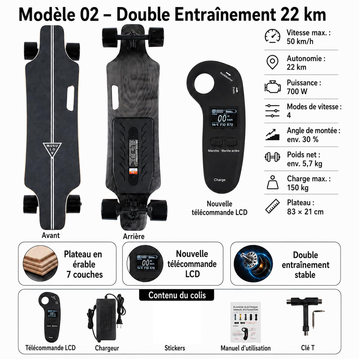 Skate Électrique 105MM Big Wheel, Double Transmission, Télécommande LCD Améliorée, Plateau Stable en Érable, Idéal Débutants et Riders Expérimentés sur Parcs et Chemins Pavés